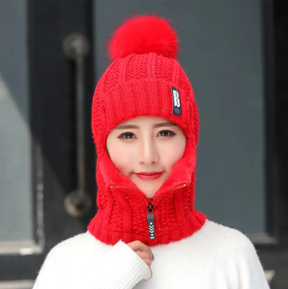 Women Wool Knitted Hat Ski Hat Sets Windproof Winter Outdoor Knit Thick Siamese Scarf Collar Warm Keep Face Warmer Pompoms Cap