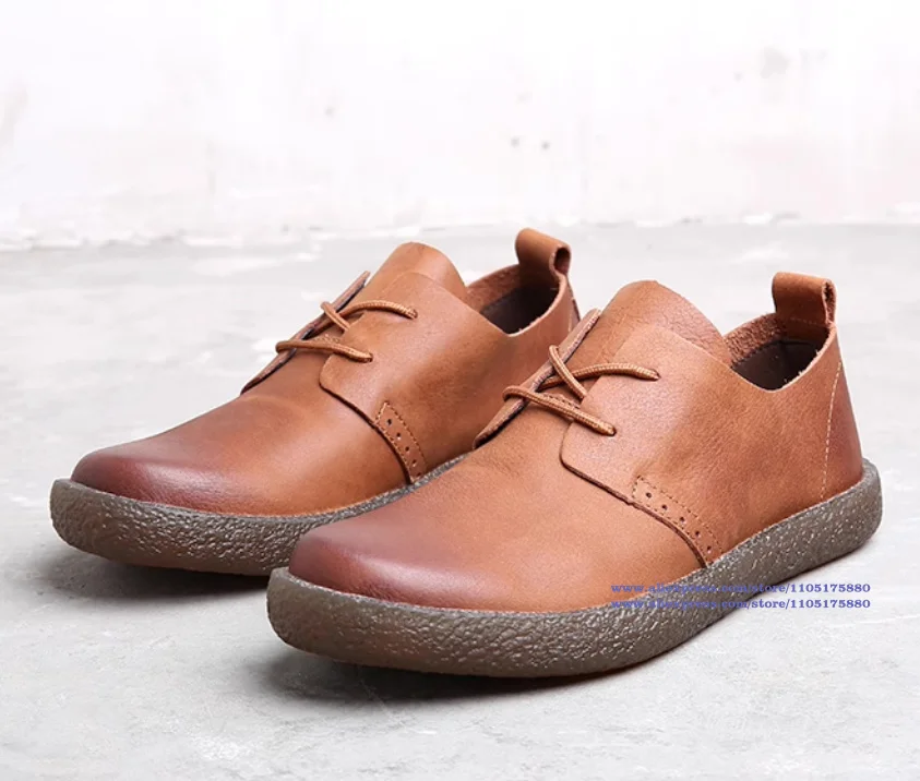 Mocassins de couro preto/marrom, bico redondo, sapatos masculinos de couro macio, sola baixa, com cadarço, sapatos casuais masculinos