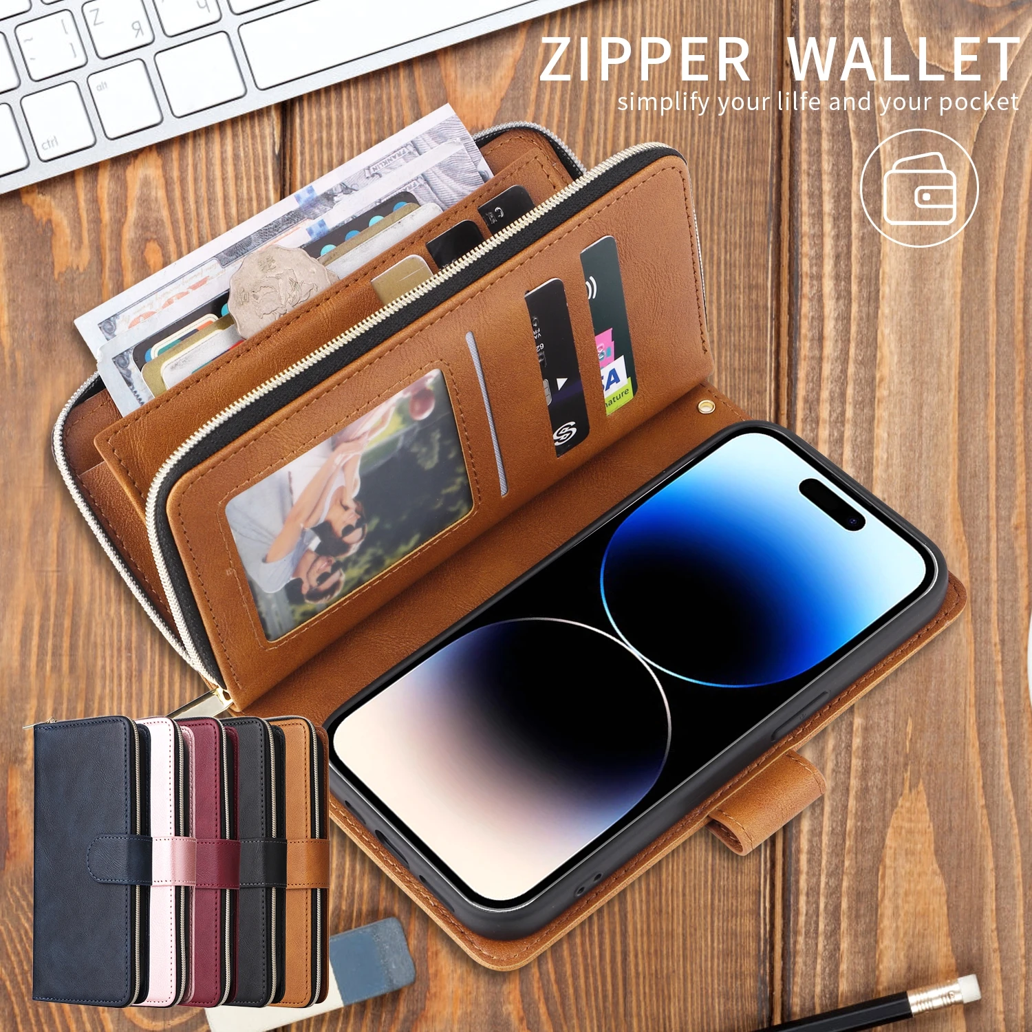 

Zipper Wallet Case Kickstand Flip Case For Iphone 16 Pro Max 15 Plus 14 13 12 Mini 11 Phone Cover Wrist Strap Cards Cash Pocket