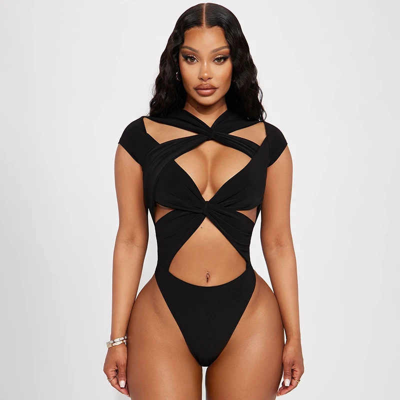 BUILDINGB Sexy Bandage Intersect Pleating Pplaysuit Basics Solid Color Swimwear 2024 Spring And Summer Spicy Girl Holiday Cloth