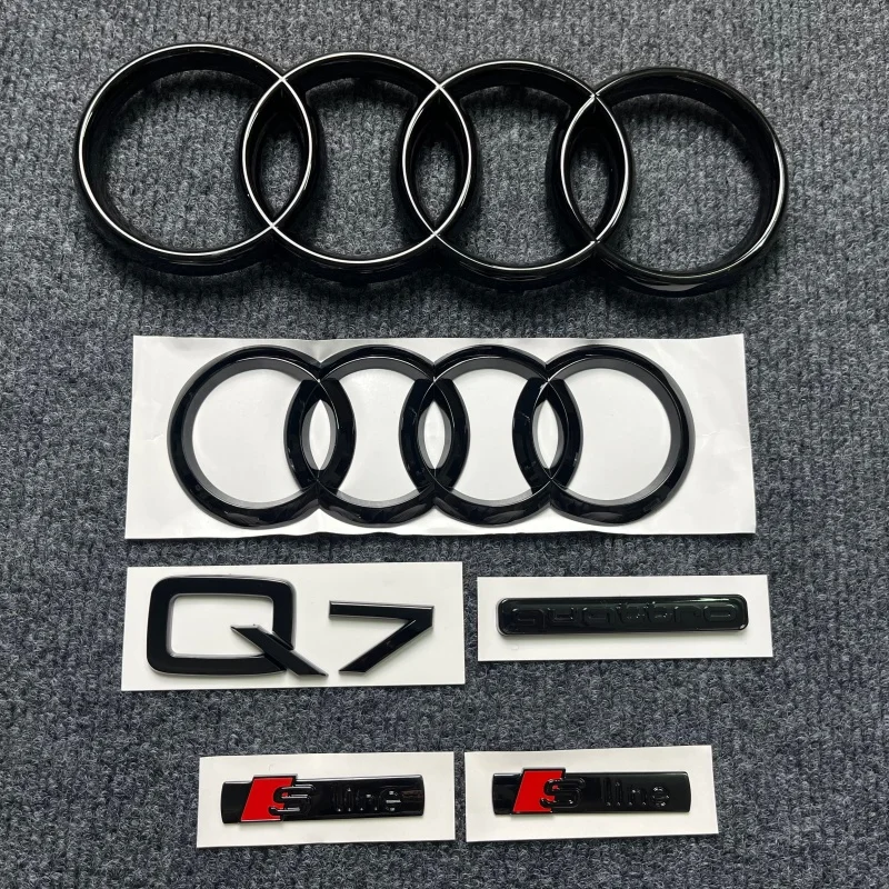 

New AUDI Q7 2016-2024 4Ring logo ABS Black Car Hood Front Grill Emblem Rear Trunk Badge Sticker Q7 Mark Quattro 2PCS SlineEmblem