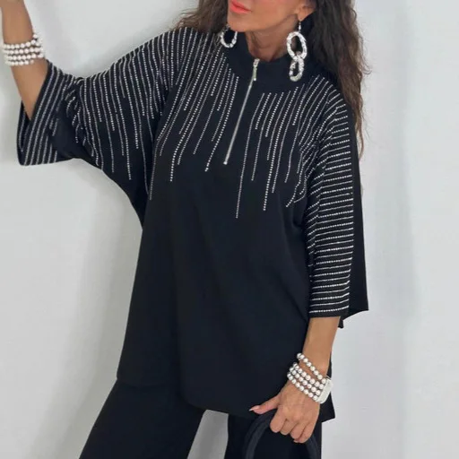 Vêtements pour femmes européens et américains, amples et décontractés, noirs, ensemble de poinçonnage, ensemble de 2 pièces, nouvelle collection automne et hiver