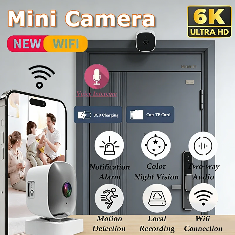 

6KHD Mini Security Camera Full Color Night Vision WiFi Monitor Motion Detect Surveillance IP65 Waterproof With Two Way Audio New