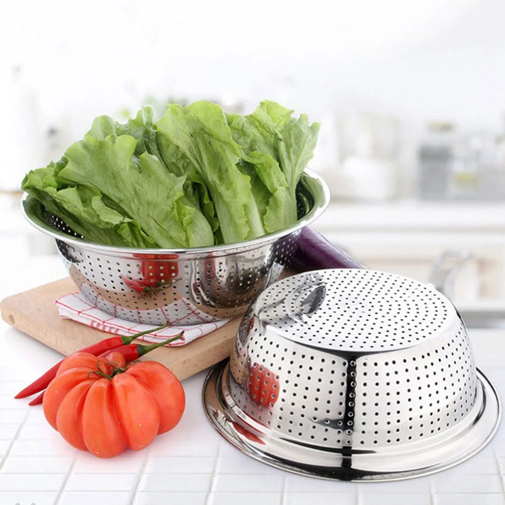 

Stainless Steel Rice Washing Sieve Basin Colander Strainer Bowl Drain Basket Kitchen Drying Fruit Vegetable Rice Compact