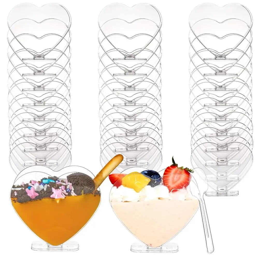

100 Pa Plastic Mini Dessert Cup With Spoon For 4 Oz Dessert/2.7 Oz Liquid, Clear Parfait Appetizer Cup Heart-Shaped Small