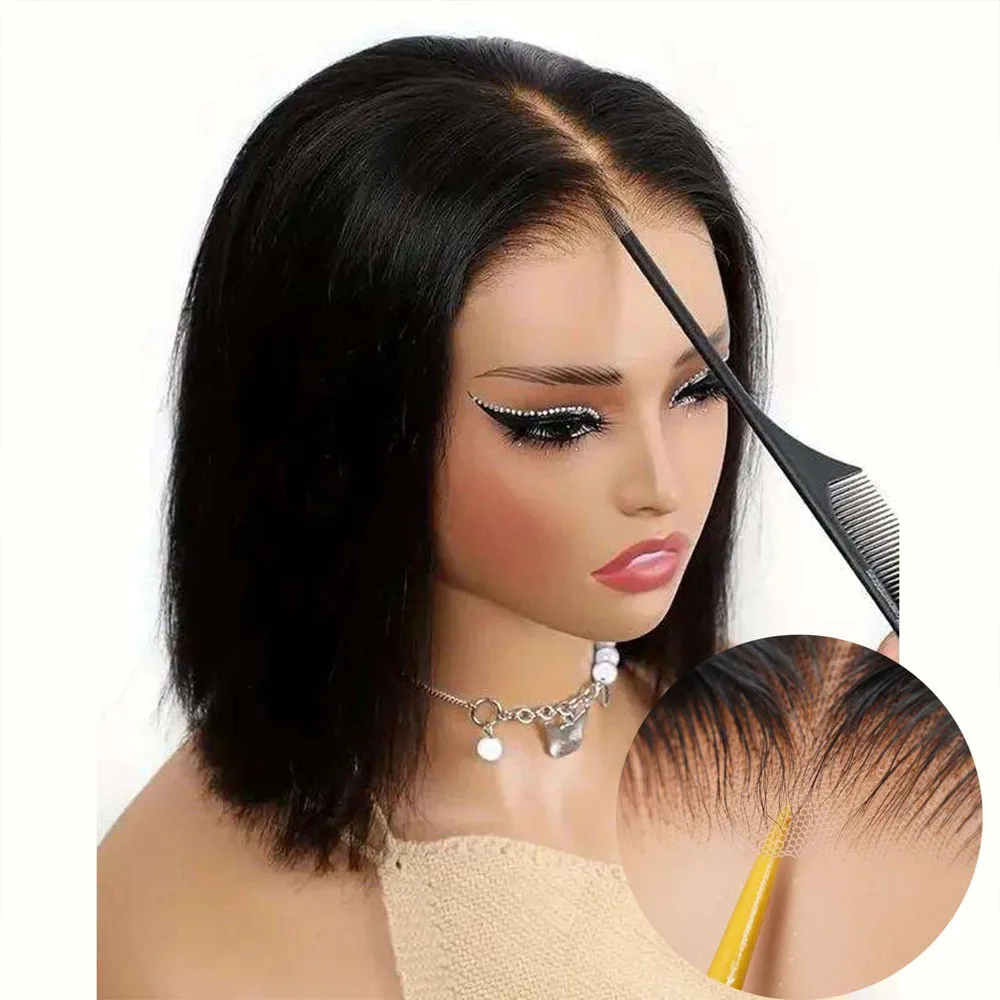 16 Inch Short Straight Bob Human Hair Wig Bone Straight 13X4 HD Invisible Transparent Lace Front Wigs Silky Straight Real Human Hair Pre Cut Pre Plucked With Baby Hair 250% Density Put On And Go Bob Wigs For Women Beginner Friendly Quick 3 Second Installa