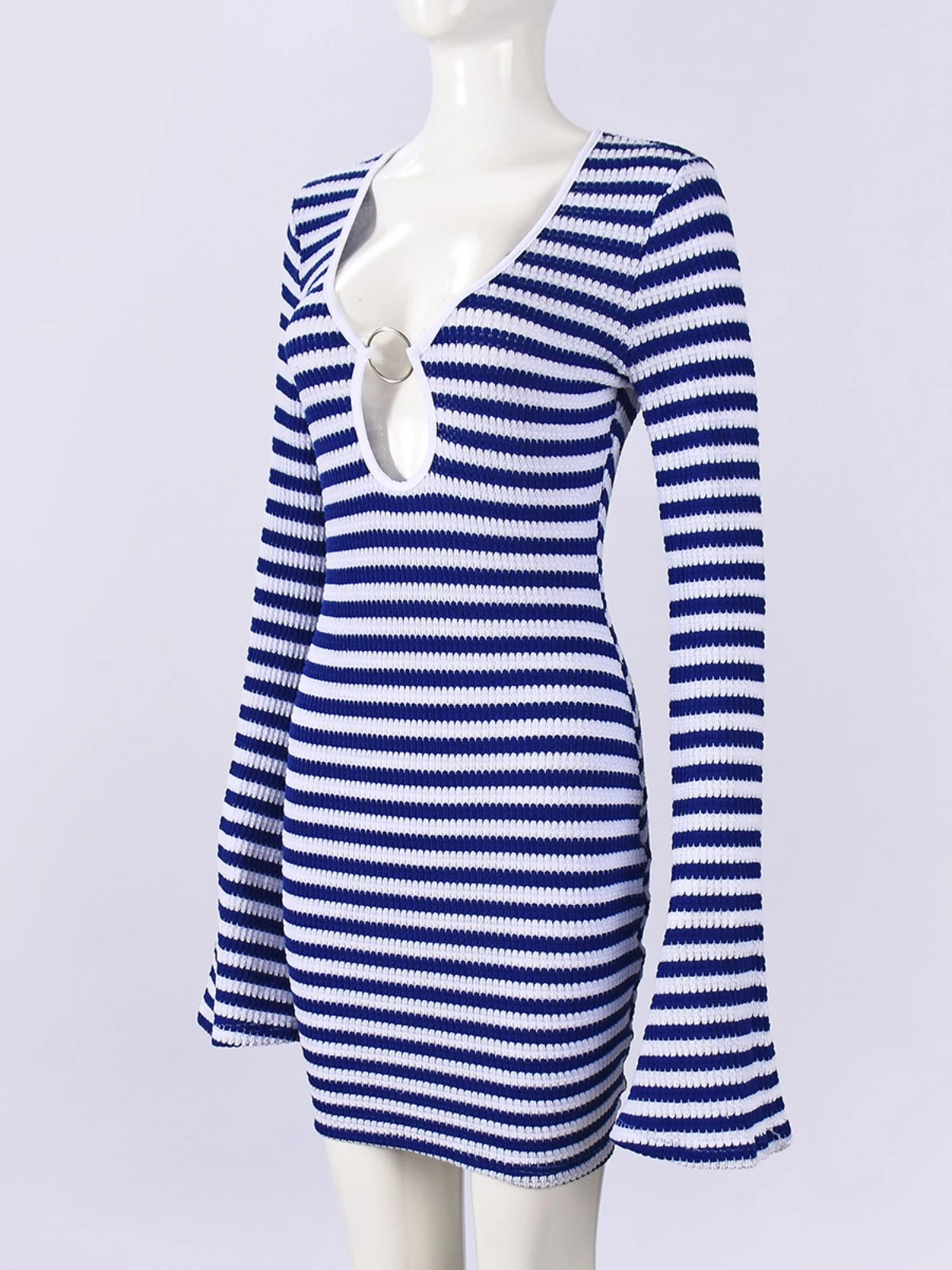 SsTss 2025 otoño nuevo vestido a rayas Y2K vestido ajustado de manga acampanada para mujer con detalle recortado Mini vestido ajustado para fiesta Club