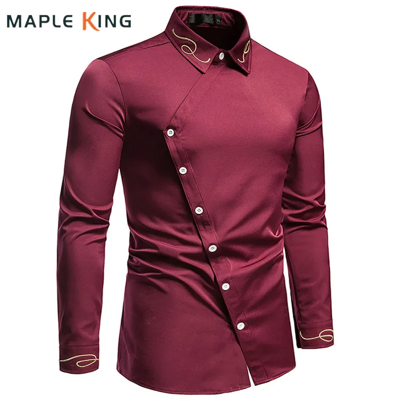 Męskie nieregularne ukośne zapinana ubranie koszule w stylu Streetwear luksusowe eleganckie hafty koszula biznesowa koszulka Homme męskie bluzki