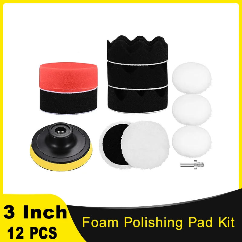 3 Inch Car Foam Drill Polishing Pad Kit 12 Pcs Sponge Pads Wool Buffing Polishing Pad for Car Polishing Waxing Cleaning