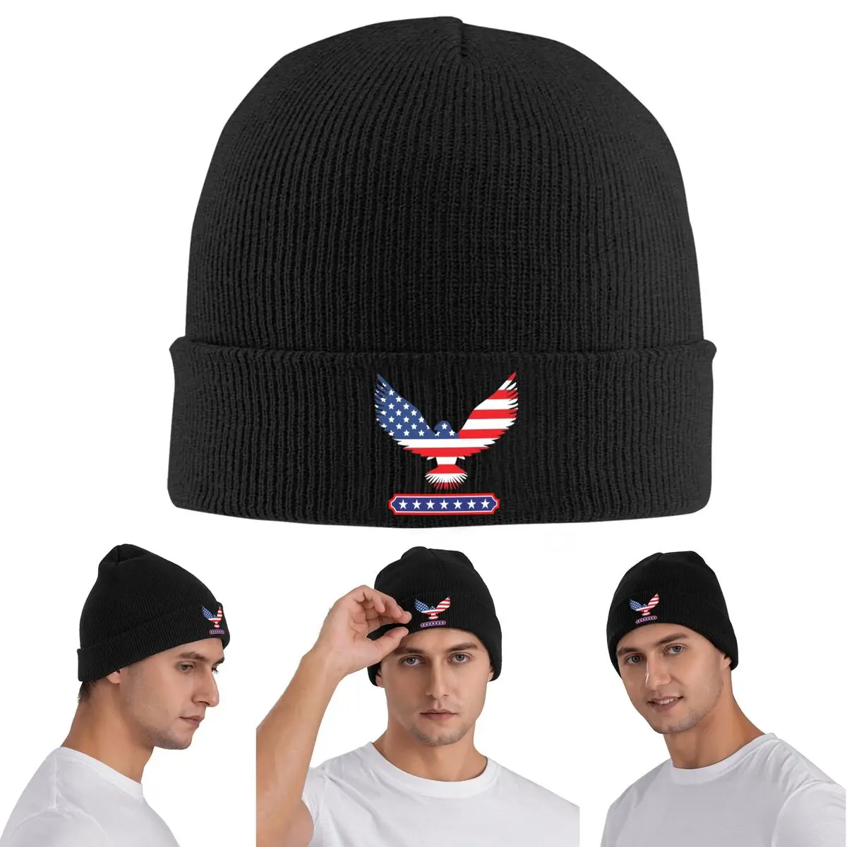 

Теплая вязаная шапка с принтом американского орла, зимняя вязаная шапка с капюшоном, шапочки Skullies, шапки в стиле хип-хоп для унисекс