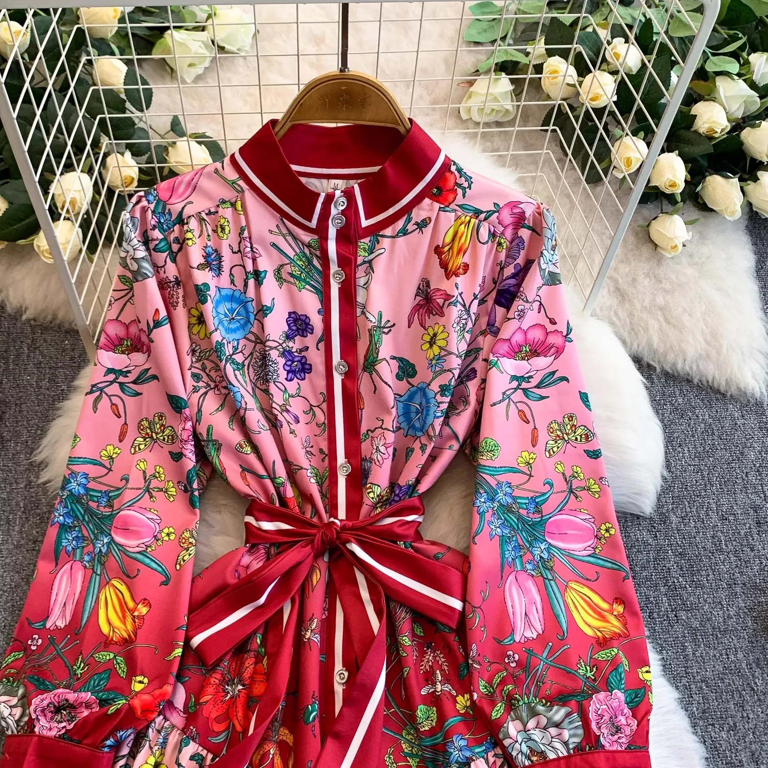 Runway Summer Autumn Holiday Gorgeous Floral Maxi Dress Women's Stand Lantern Sleeve Single Breasted Loose Belt Long Vestidos