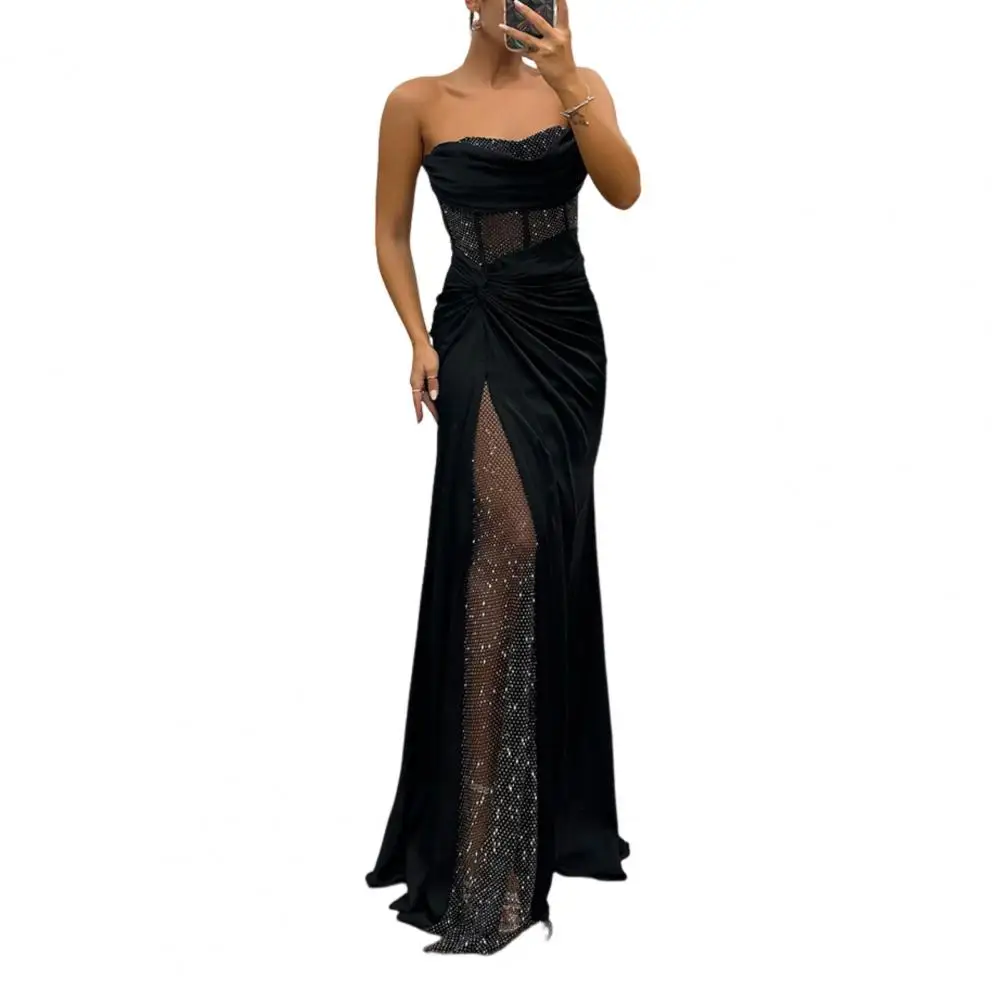 Women Evening Dress Elegant Off Shoulder Sequin Ball Gown for Women Pleated Knot Mesh Patchwork Evening Dress Satin Floor Length