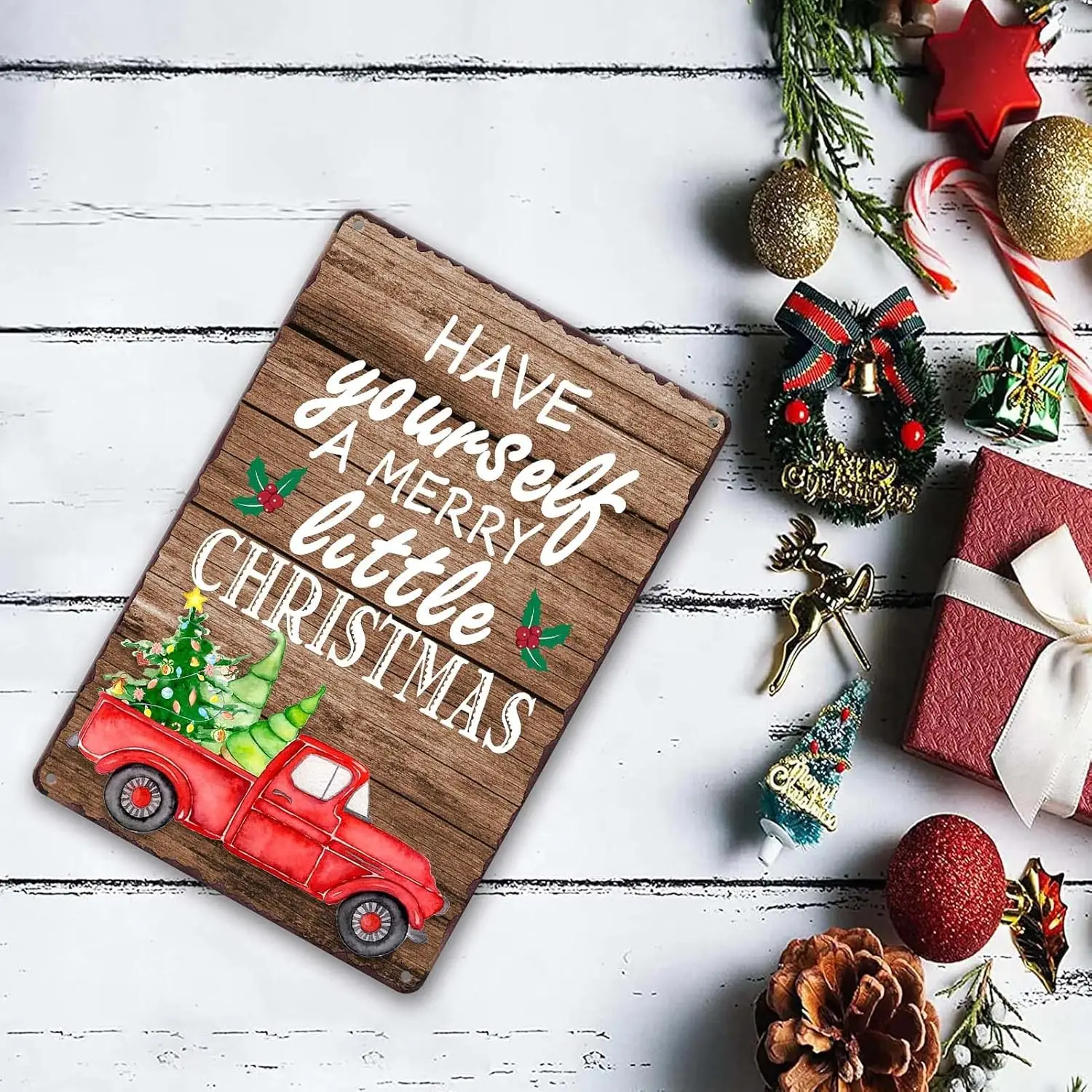 Merry Christmas Metal Tin Sign Vintage Red Truck Wall Decor 'Have Yourself A Merry Little Christmas' Sign for Home