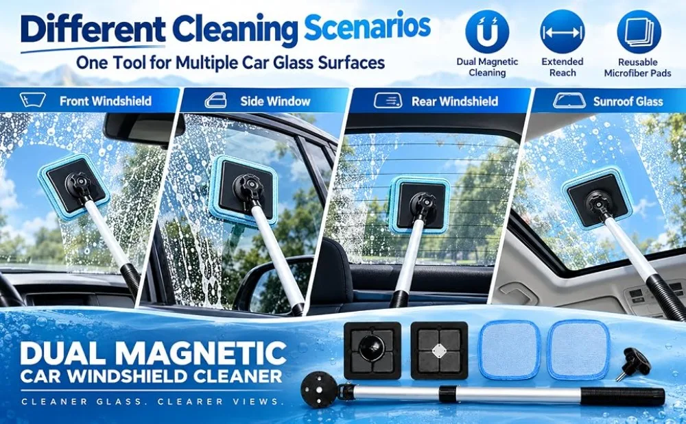 Windschutzscheibenreiniger mit ausziehbarem Griff, magnetischer Verriegelung, Glasreinigungsset, Auto-Fensterreinigungswerkzeug, abnehmbare Pads, streifenfrei – Detail 3