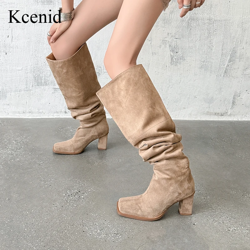 

Kcenid Women's Autumn Winter Knee High Boots Square Toe Long Booties Thick Heel Fashion Pleated Plus Size 41 42 New Shoes