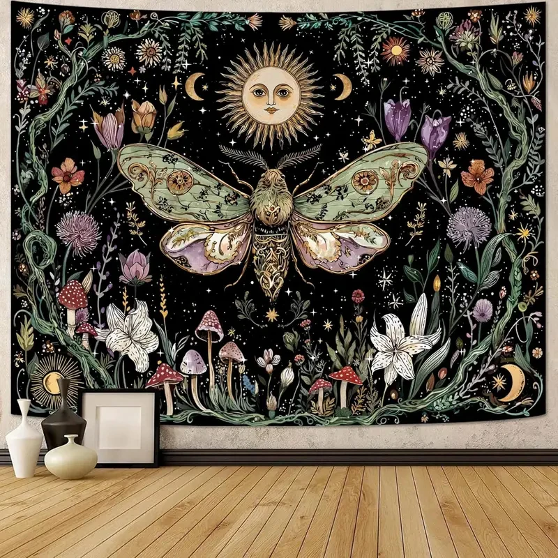 VIKAMA Boho Moth Sun Moon Tapestry, Witchy Floral Mushroom Print Wall Hanging for Bedroom Dorm Home Decor