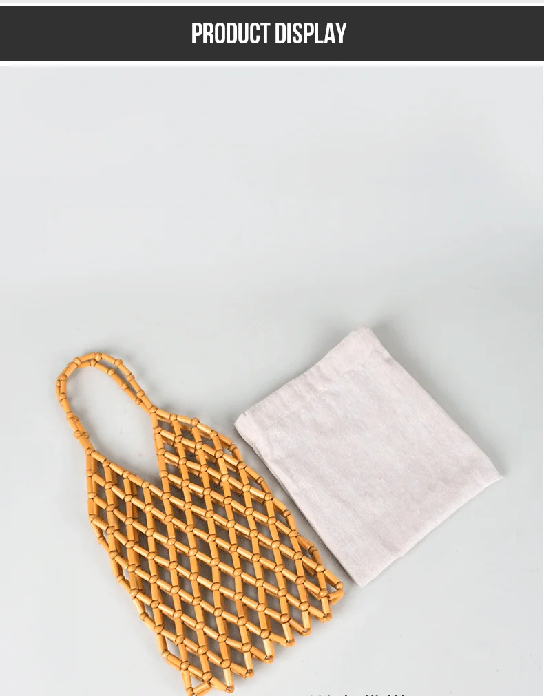 Handmade Woven Bag with Hollowed Out Wooden Beads Handbag Women Summer Portable Bucket Drawstring Fashion Beach Tote