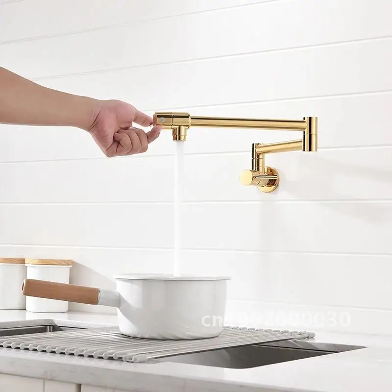 Pot Filler Tap Wall Mounted Foldable Kitchen Faucet Single Cold Spout Single Brass Folding Sink Rose Tap Gold Rotate Hole