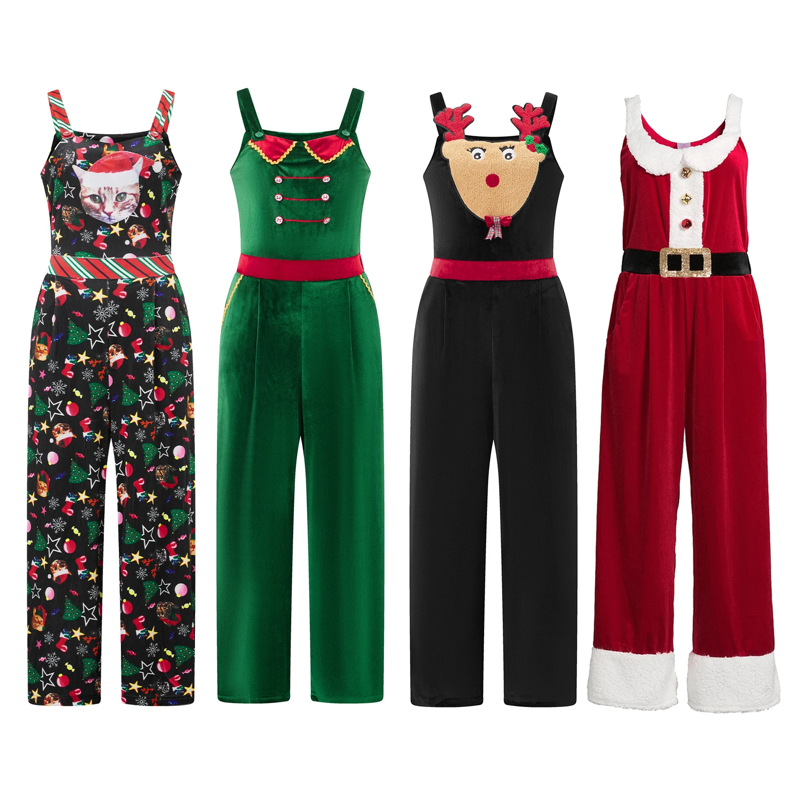 Women Christmas Velvet Jumpsuits Spaghetti Strap Sleeveless Wide Leg Santa Claus Romper Xmas Wide Leg Overalls Pant D16