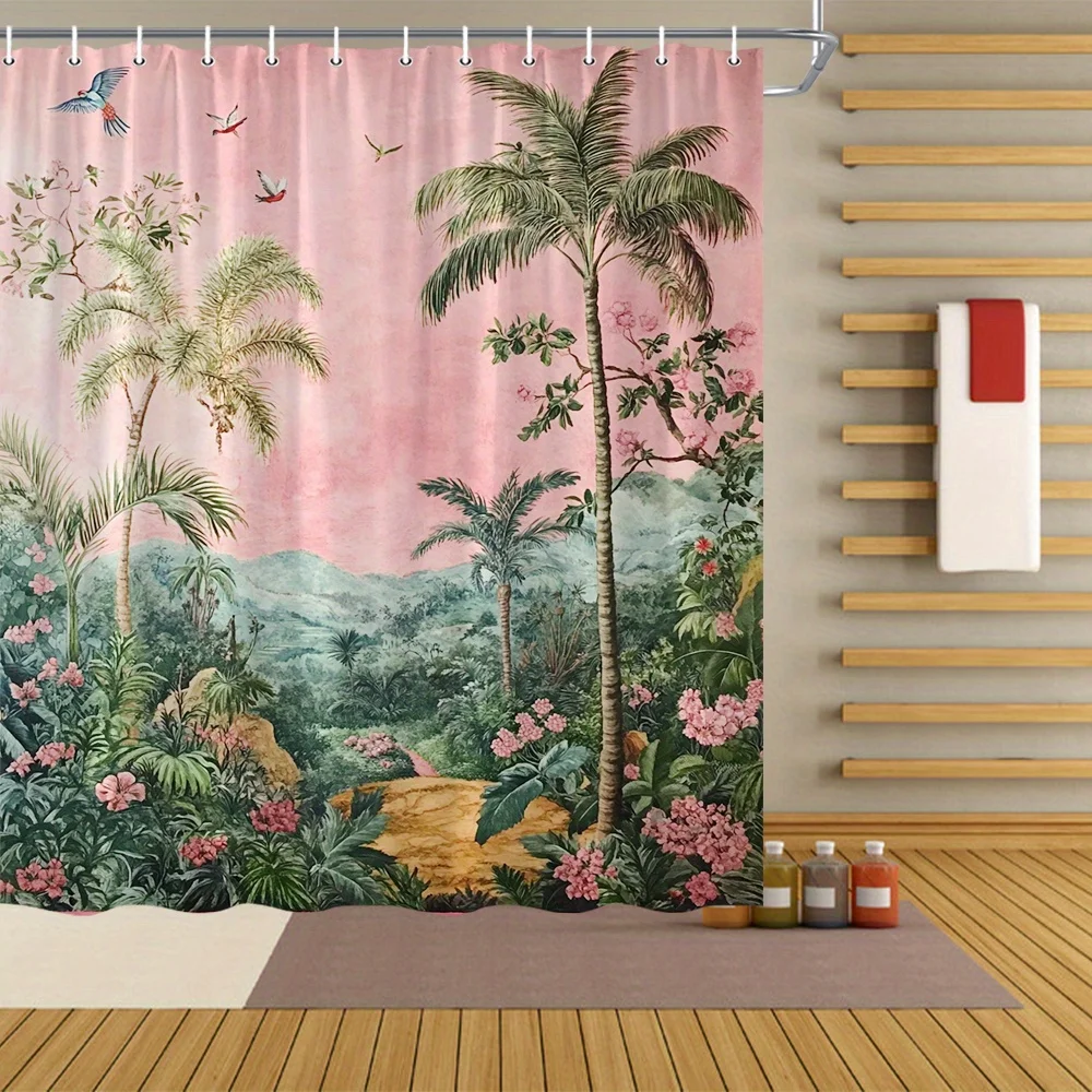 1 Vintage Botanical Palm Tree and Hibiscus Shower Curtain, Pastel Colors and Birds, 12 Hooks, 70x70 Inch