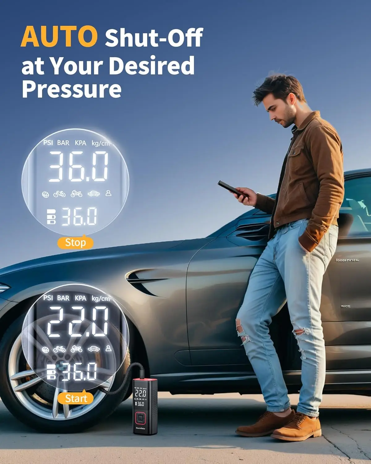 ضاغط هواء محمول لاسلكي بقوة 150 رطل لكل بوصة مربعة مع ضوء LED لإطارات السيارات والمطاطية