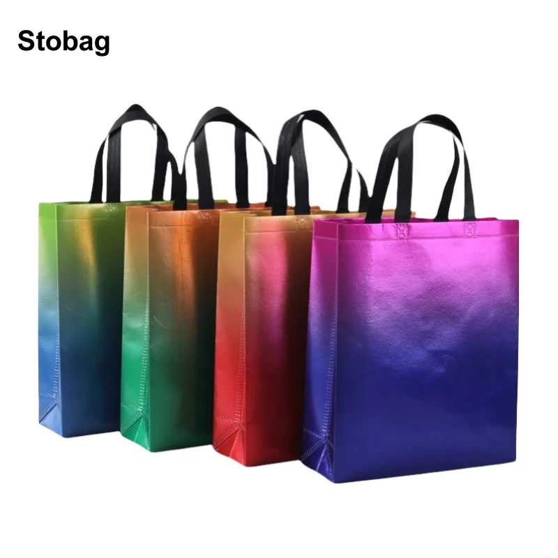 

StoBag 10pcs Laser Gradient Color Non-woven Tote Shopping Bag Fabric Waterproof Storage Reusable Pouch Custom Logo(Extra Fee)