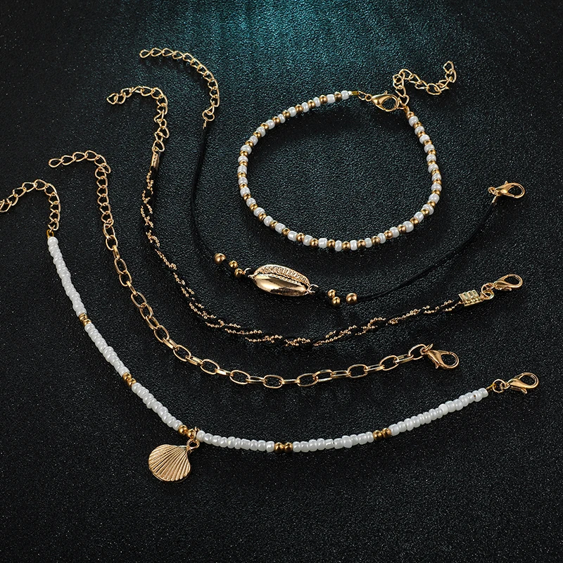 Tocona Bohemian Weave Shell Pendant Anklets for Women Colorful Bead Clear Crystal Stone Drop Foot Bracelet Summer Beach Jewelry
