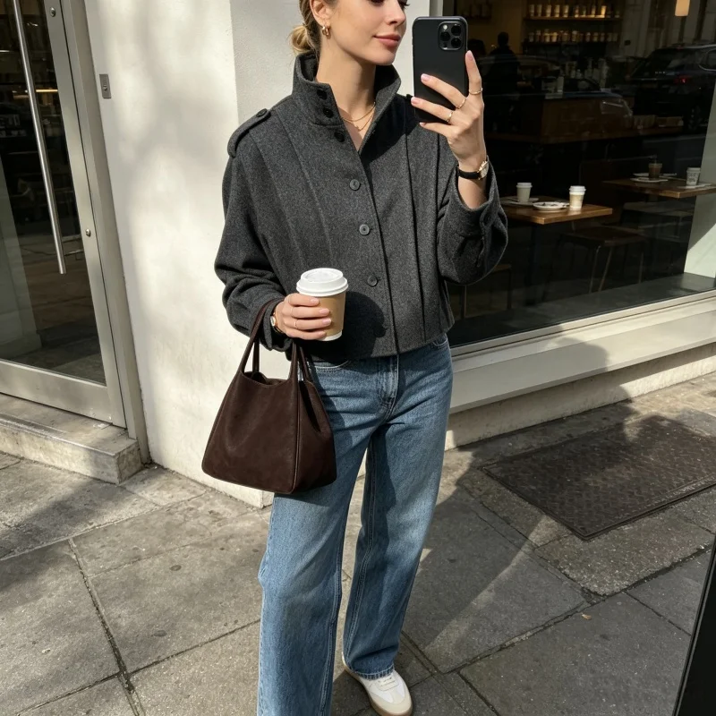 Women's Long Sleeves Jacket Stand-Up Collar With Button And Pleated Decoration Lady Elegant Outerwear Warm Woolen Overcoat