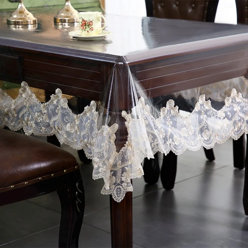 Transparent PVC Tablecloth Lace Embroidered Anti-stain Soft Table Cloth for Rectangular Table Protector Decoration & Accessories