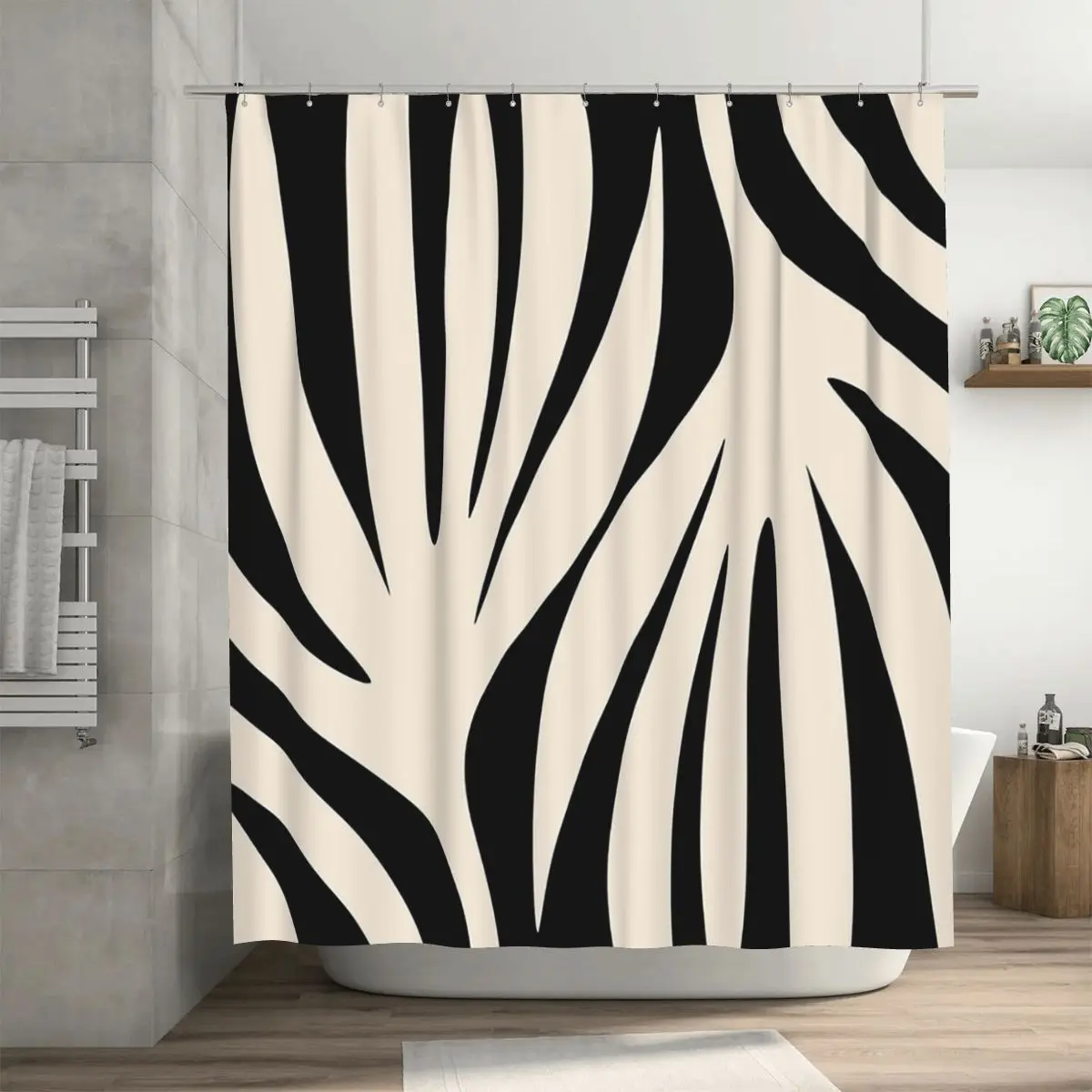 

Занавеска для душа с минималистичным абстрактным узором в черном и кремово-миндальном цветах, с крючками, для ванной комнаты, в стиле Мальдивских островов.