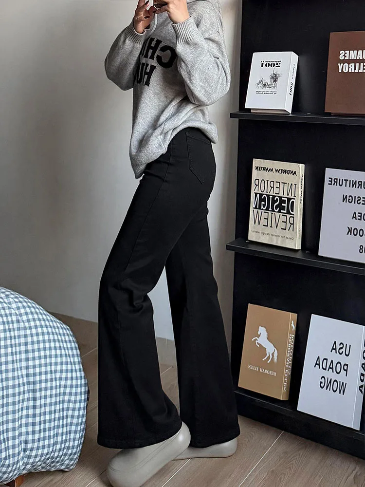 Fce forrado thiened bla emagrecimento bootcut jeans feminino inverno plus size solto elástico casual calças jeans de cintura alta