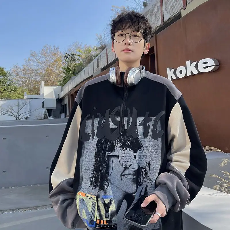 

American Retro Half Zipper Zip Up Hoodie Sweatshirt Long Sleeve Anime Hoodies Patchwork Pullover Harajuku Loose Streetwear Coat