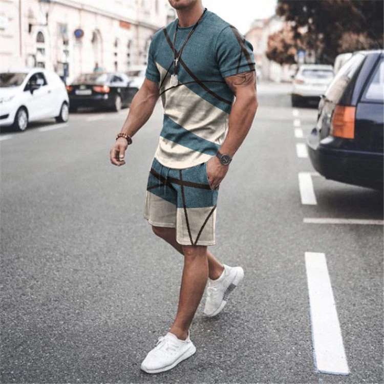 Sommer Männer setzt Shorts Outfits männliche Kleidung Straße T-Shirt zweiteiligen 3D-Druck lässig O-Ausschnitt Trainings anzug übergroße Strand Sport bekleidung – Detail 19