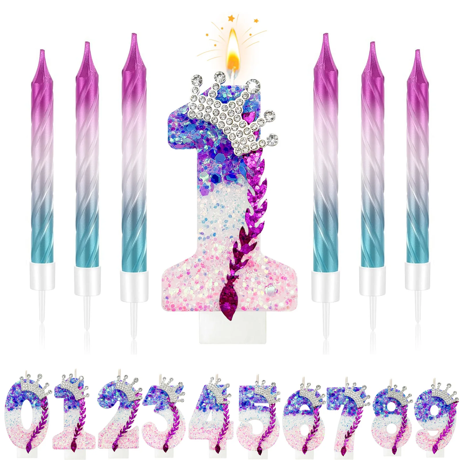 Number 0-9 Birthday Candle Pink Purple Gradient Sparkly Cake Topper – Trendy Idol Style Birthday Decorations for Party Cake ﻿