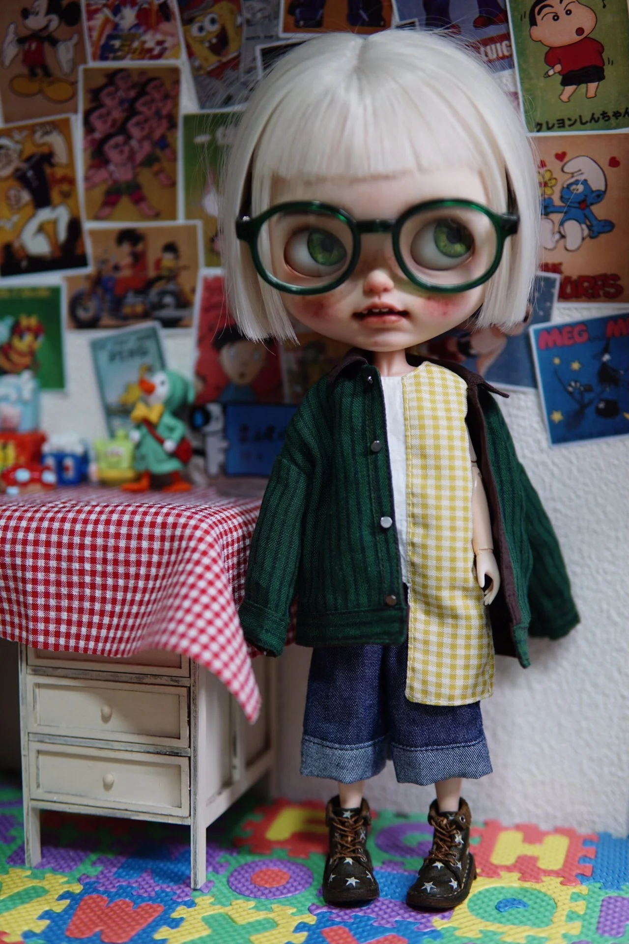 Dula Doll Clothes Dress Dark green striped jacket jeans skirt Blythe Qbaby Landoudou Landazz ob24 ob22 Azone Licca