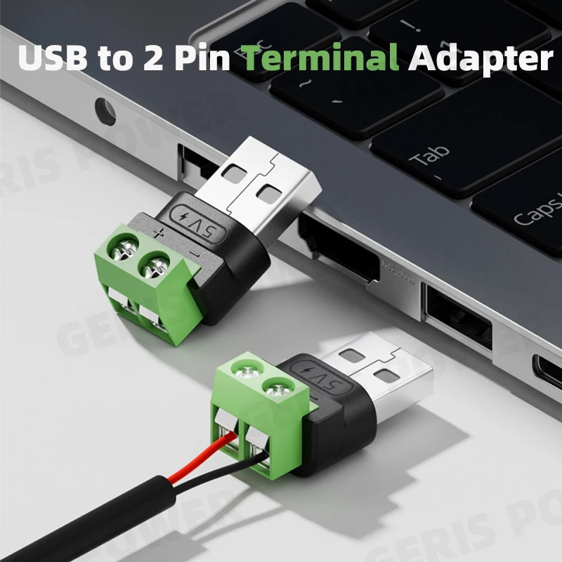 USB Male to 2 Pin Terminal Block Solderless Charging Connector 5V USB A Screw Terminal Plug OTG Adapter for LED Light Camera