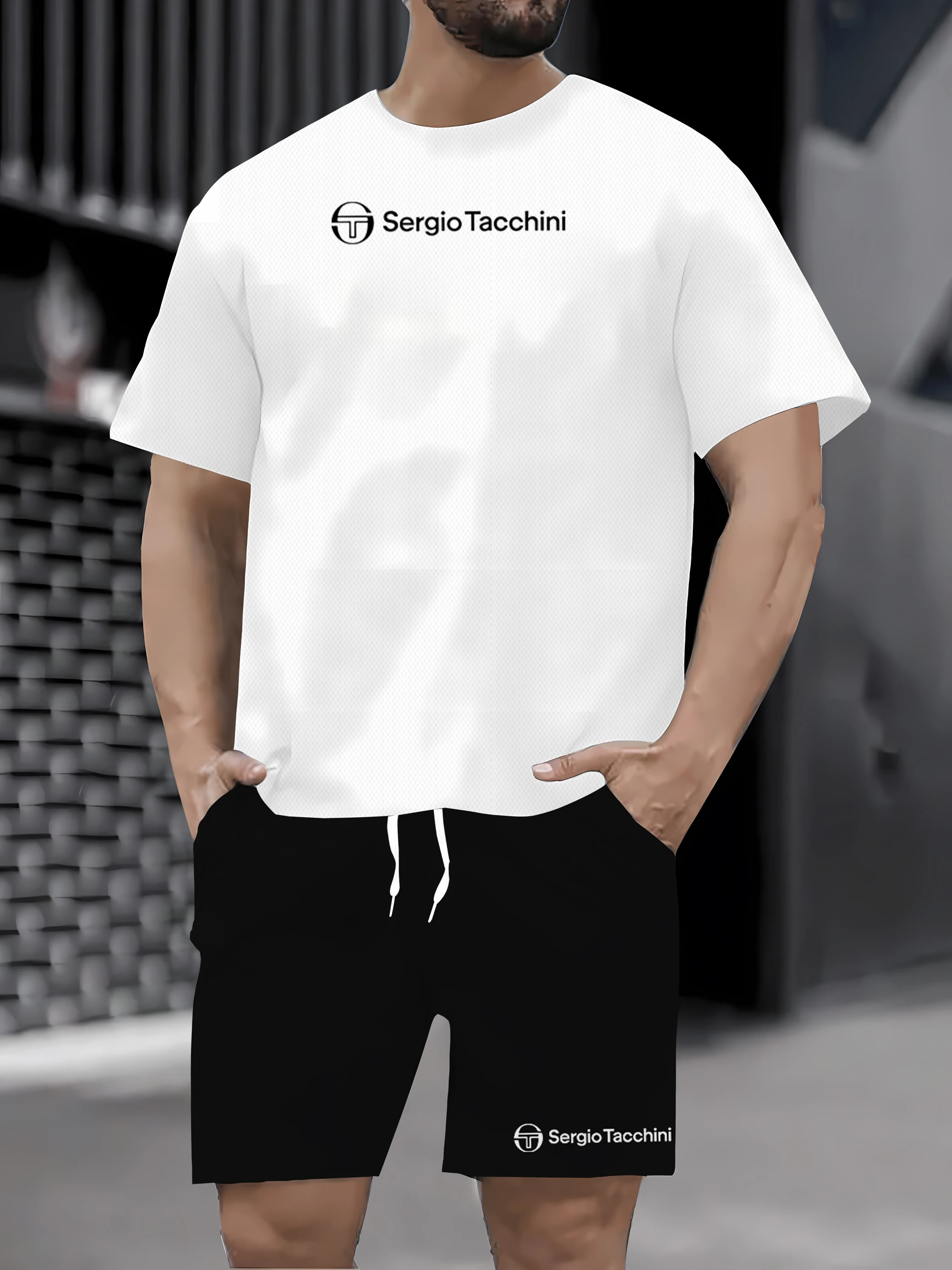 

Novo verão masculino manga curta conjunto de camiseta moda de duas peças roupas esportivas casuais shorts conjunto de roupas esp