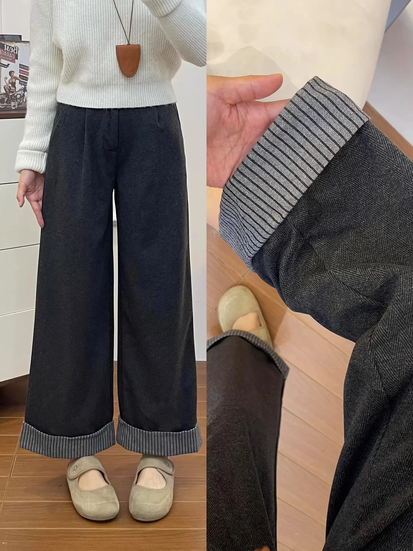 plus Size Tweed Casual Pants Women Spring Autumn 2026 New Pear Shape Loose Slimming Cuffed Wide Leg Long Trousers