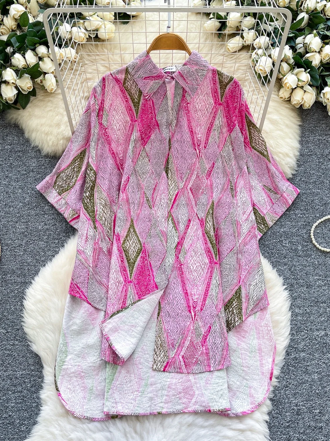 Laid-ba Sle نسائي فضفاض متعدد الاستخدامات مطبوع irt حاشية غير متماثلة كاجوال فضفاض مناسب من ألياف البوليستر ort Sve #1