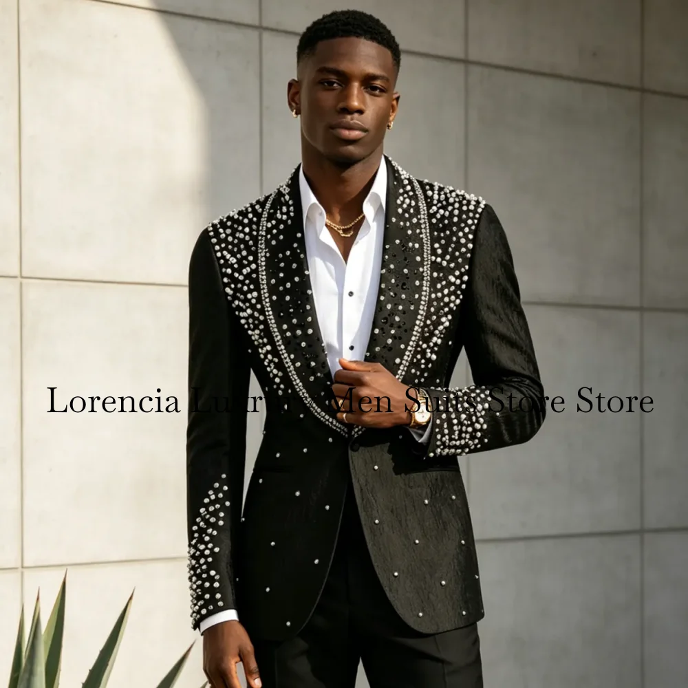 Customized Gorgeous Crystal Pearl For Men Suit Luxury Sequin 2 Pieces Groom Male Blazer Ropa Hombre Glitter Slim Evening Tuxedos