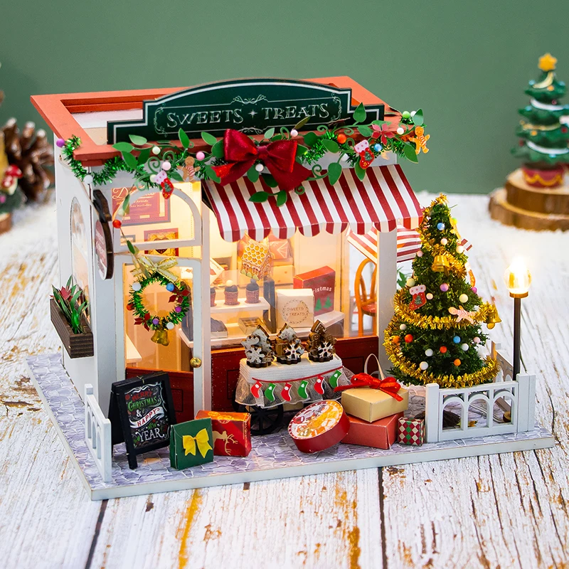 DIY Modelo Miniatura de Madeira Kit com Móveis, 3D Puzzle Dollhouse, Doces de Natal, Casa Casas de Bonecas, Presentes para Amigos