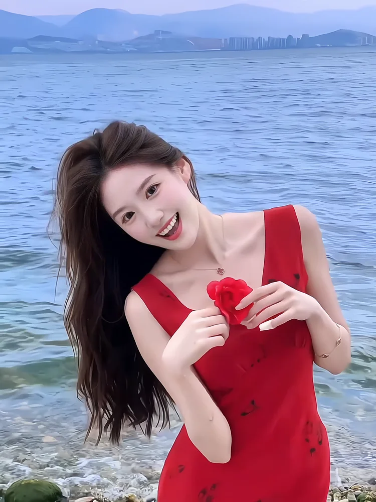 

Elegant Red V-Neck Dress Women's Summer Slimming Long Gown Korean Style Commute Fashion Retro Atmosphere Sleeveless Long Dress