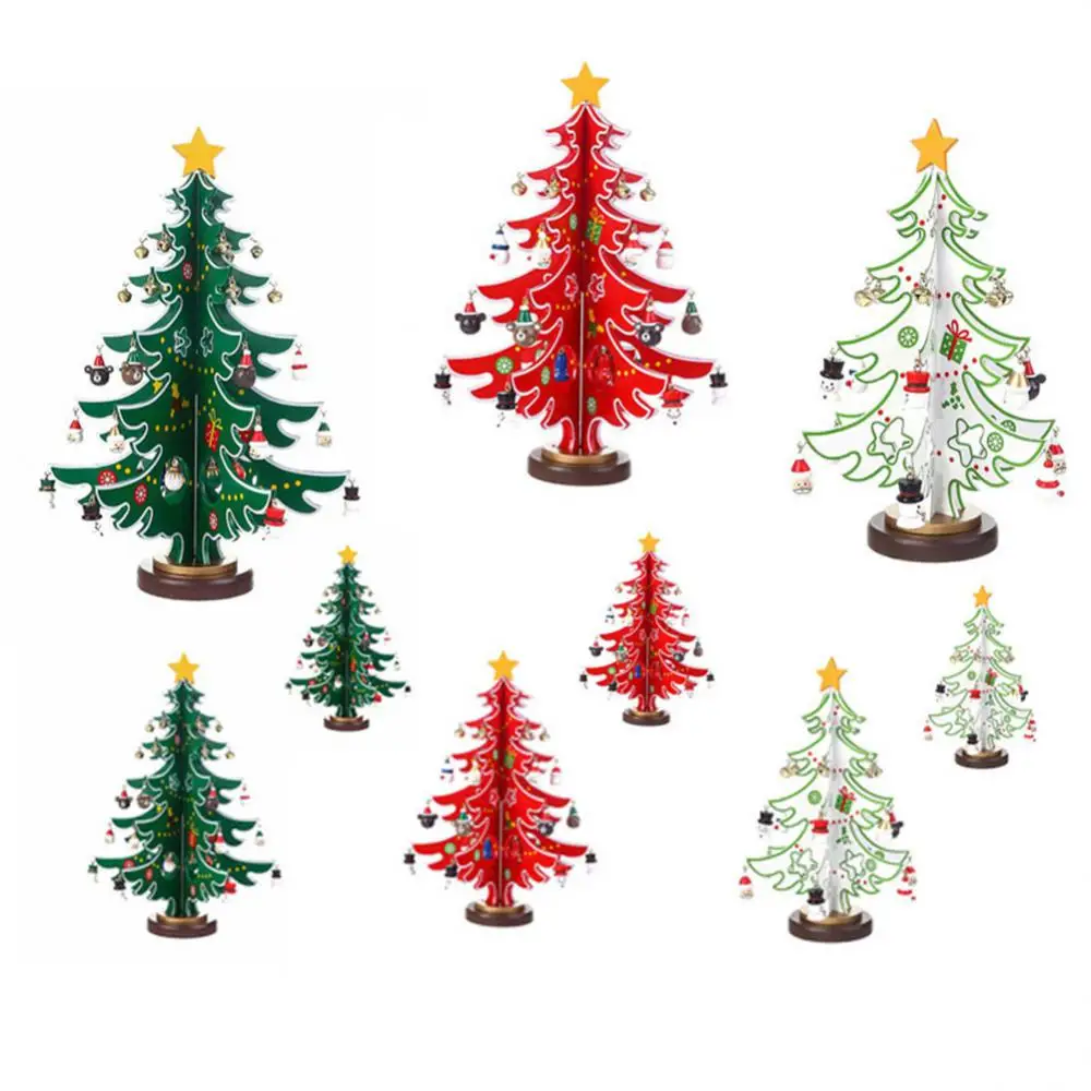 Wooden Desktop Christmas Tree Red Christmas Decorations Three-piece Xmas Gift Green Birthday Gift Kid Christmas Tree