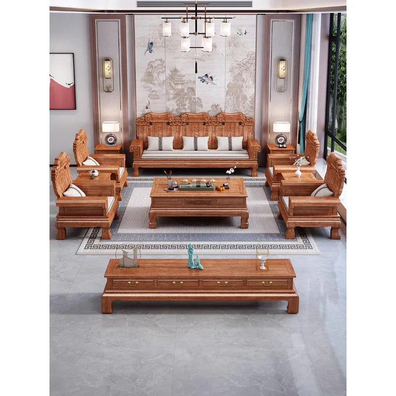 Rosewood solid wood sofa combination living room Chinese antique carved logs winter and summer dual-purpose pineapple grid mahog