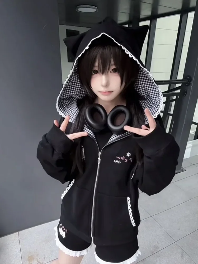 Fashion Black Cat's Ears Hoodie Coat Women Thin Long Sleeve Cardigan Tops Mujer 2025 Early Autumn New Zipper Jackets