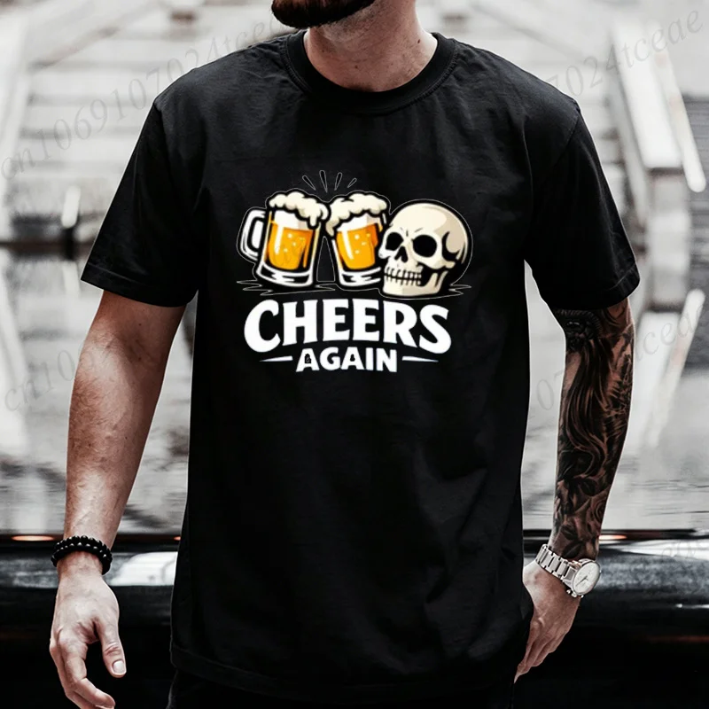 Vintage T-Shirts Gothic Skeleton Drink Beer Men Tee Shirts Funny Cheers Again Beer Quotes Punk Rock Style Loose Fit T-shirts