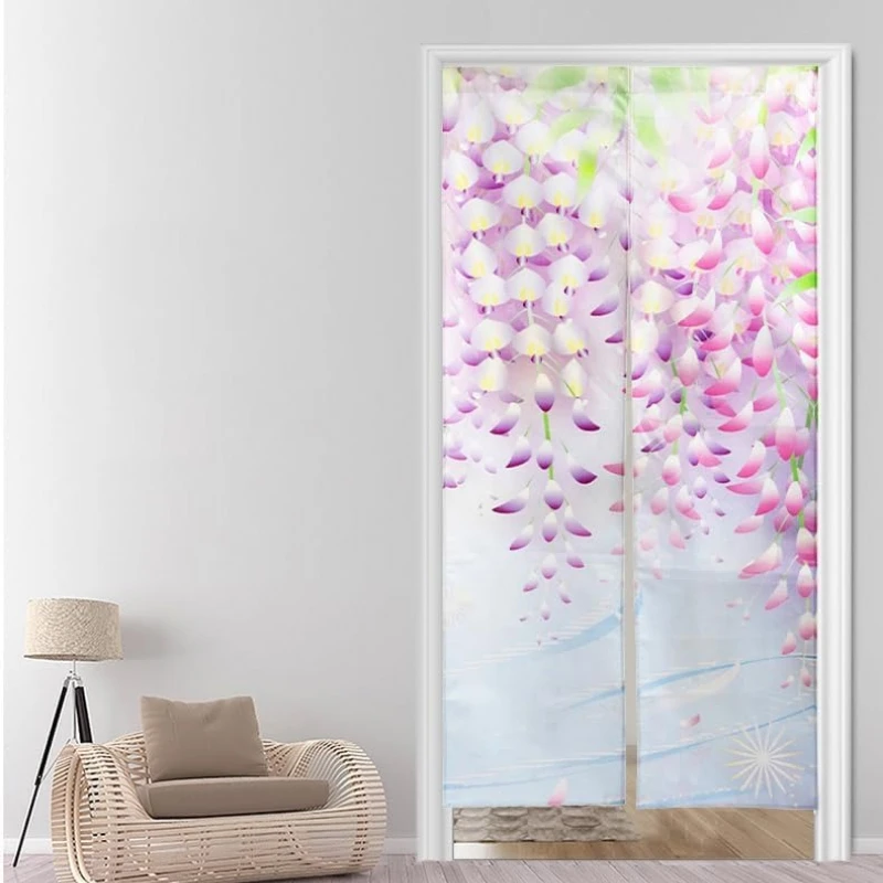Traditional Japanese Wisteria Art Door Curtain, Light Blue Background Print, Japanese Noren Curtain for Peaceful Home Decoration