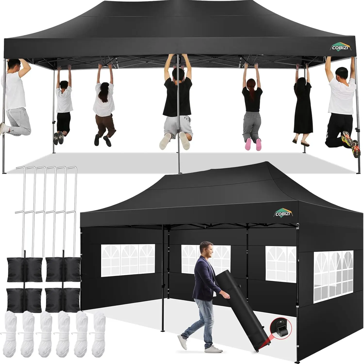 

COBIZI 10x20 Pop Up Canopy Tent with 6 Sidewalls, Waterproof Heavy Duty Commercial Canopy for Parties, Outdoor Garden Gazebo