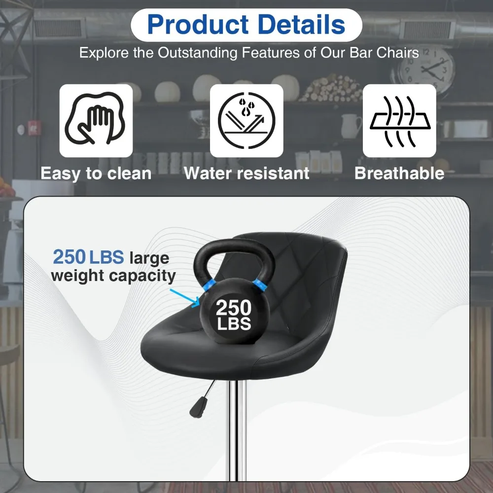 Bar Stools Set of 2, Swivel Stool Height Adjustable Bar Chairs with Back, PU Leather Swivel Stool, Kitchen, Counter