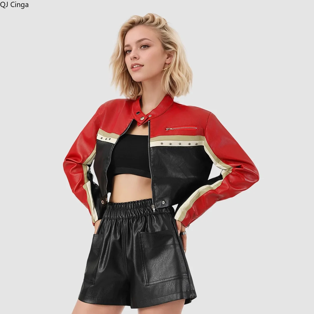 2026 New Women's Red Long-Sleeve Faux Leather Jacket, Short-Length Fashionable Biker PU Coat.